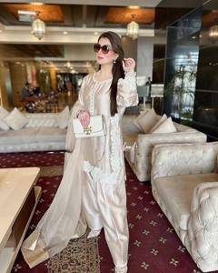 Cream <b>Indian</b> Pakistani Outfit Set Long <b>Top</b> Embroidered Dress with Dupatta Pearl Moti Lace Party Wear - Product Image 6