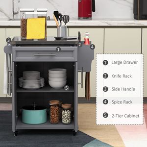 Isola da Cucina Moderna Portatile su Ruote Grigia con Cassetto, Piano in Acciaio Inox, Carrello Utilitario in Quercia con Portasciugamani e Portaspezie - Product Image 4