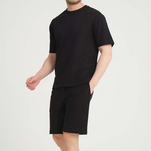 Ensemble t-shirt et short en coton noir pour homme, col rond, décontracté, été, tricoté, couleur unie - Product Image 5