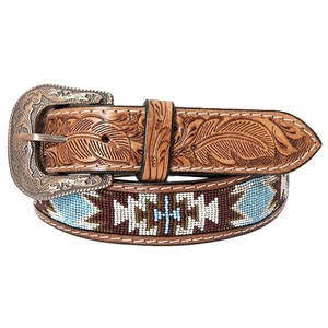 Cinturón de Cuero Bordado Estilo Western con Patrón Geométrico de Cuentas y Hebilla Plateada, Cinturón de Cuero con Grabado a Mano Estilo Étnico - Product Image 4