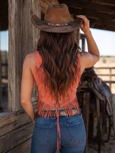 Gilet en daim fait main pour femme avec franges – Gilet de motard style western, clouté, avec étoiles, pour festival, style cowgirl, gilet de motard - Product Image 2