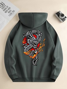 Green Unisex Hooded Sweatshirt Letter Print <b>Back</b> Casual Winter Wear Loose Fit 100% Cotton Fleece Anti-Pilling Knitted Fabric - Product Image 6