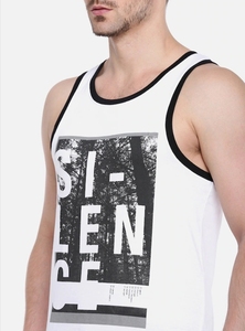 Men's White Cotton Tank Top With Black Trim And Front Letter Print Casual Sleeveless O-Neck Design Breathable Knitted Style - Product Image 2