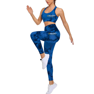 HUSKY Women's Ribbed Sports <b>Bra</b> Leggings Set <b>Blue</b> Seamless Fitness Wear Breathable Racerback Scoop Neck High Support - Product Image 4