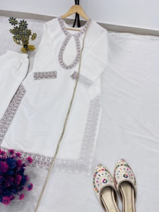 Conjunto de Vestido de Fiesta Salwar Kameez Indio Pakistaní Bollywood Blanco Elegante al por Mayor con Bordado de Lujo en Seda, Algodón y Chifón Dupatta - Product Image 6