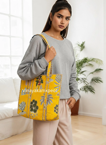 Sac fourre-tout en coton Kantha matelassé jaune de qualité supérieure avec fermeture éclair, style bohème, sac à bandoulière pour femmes - Product Image 6