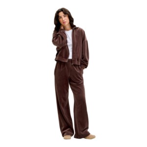 Pantalon large en molleton marron pour femme, taille élastique, coupe ample, longueur intégrale, couleur unie, décontracté, pour l'automne - Product Image 1