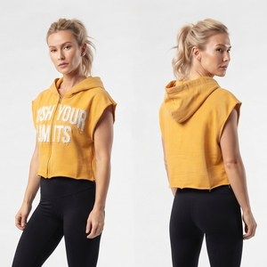 Women's Gym Wear Sleeveless Hoodies Oversize Cotton Fleece Zipper <b>Crop</b> <b>Top</b> Ladies Distressed Embroidered Hoodie Jogging Zipper - Product Image 1