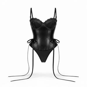 Women's Pink Underwire Corset Bodysuit With Lace Trim <b>Adjustable</b> <b>Straps</b> Side Tie Closure G-String Panty Set - Product Image 2