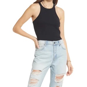 Débardeur côtelé sans manches pour femme, couleur unie, col rond, décontracté, respirant, mélange coton élasthanne, longueur standard - Product Image 6
