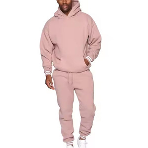 Ensemble de survêtement rose à capuche pour homme, couleur unie, décontracté, pantalon de survêtement long avec poches latérales, 100 % coton, pour l'automne - Product Image 1