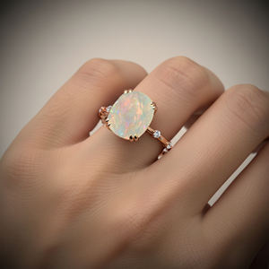 Bague unisexe en or massif 14 carats avec opale d'Éthiopie naturelle et diamant naturel, pierre de naissance d'octobre, pour fêtes décontractées, cadeau de Noël pour elle - Product Image 2