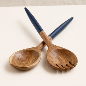 Premium 2 Piece Acacia Wood and Navy Blue Resin Salad <b>Server</b> Set Handcrafted Eco-Friendly Salad Spoons for Modern Home Decor - Product Image 5