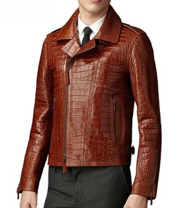 <b>Men's</b> Brown Croc <b>Leather</b> Biker <b>Jacket</b> - Product Image 1