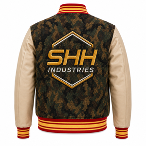 SHH INDUSTRIES Custom Camo Varsity <b>Jacket</b> <b>Men</b> Embroidered Logo Baseball Bomber <b>Jacket</b> Leather Sleeves Streetwear Letterman - Product Image 2