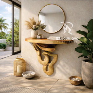 Mesa Consola de Madera Sólida de Suar con Espejo Redondo, Diseño Moderno para Sala de Estar Minimalista, Muebles para el Hogar - Product Image 2