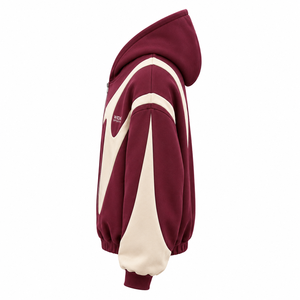 Custom 350 GSM Maroon Cream Applique Color Block Full <b>Zip</b> Cotton Polyester Fleece Streetwear Hoodie - Product Image 4