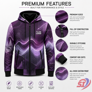 Sweat à capuche graphique personnalisé, motif vague prune-lilas, fermeture éclair intégrale, logo marque privée, vente en gros, OEM, vêtements streetwear - Product Image 4