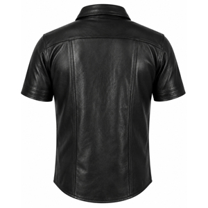 Men’s Genuine Cowhide Leather <b>Shirt</b> <b>Black</b> Short Sleeve <b>Button</b> <b>Up</b> Classic Casual Style with Point Collar Metal Snap Closure and P - Product Image 2