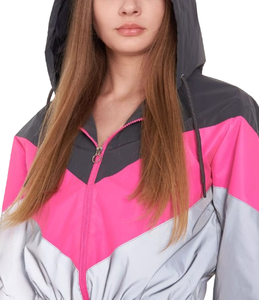 Veste coupe-vent à capuche pour femme, à blocs de couleur, manches longues, en nylon réfléchissant, pour l'extérieur - Product Image 4