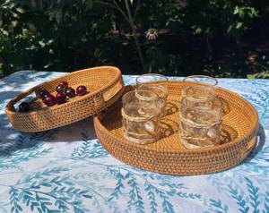 Handmade <b>Round</b> Rattan Serving <b>Basket</b> with Built In Handles <b>Wicker</b> Tray for Fresh Fruit Bread Snacks Rustic Home Decoration - Product Image 1