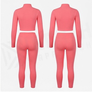 North Approach 2 Piece Yoga Set Full Length Zipper Front Solid Pink Sweat Wicking Gym Wear Women's Sportswear - Product Image 2