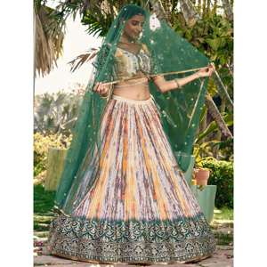 Cautivador blanco y verde impreso digital Chinon Lehenga Choli - Product Image 5