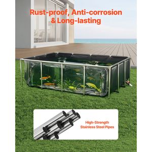 Vasca Rettangolare per Pesci Rossi da 470 Galloni, Laghetto per Koi in PVC con Pannello Trasparente, Vasca per Pesci da Esterno in Tela con Motivo Quadrato in Acciaio Inossidabile - Product Image 4
