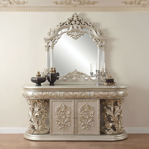 Luxury <b>Silver</b> European Classic Dining Room Set Display Cabinet Antique Carved Wood Dining <b>Table</b> 8 Chairs <b>Console</b> Mirror Hotel - Product Image 2