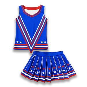 Tenue de cheerleading bleue, rouge et blanche avec imprimé étoiles, haut à col en V et jupe plissée pour les spectacles des équipes de cheerleading, uniformes pour femmes - Product Image 1