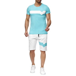 Conjunto de Camiseta y Pantalones Cortos de Verano para Hombre, Cómodo, Casual, Cuello Redondo, Bloques de Color Azul Claro y Blanco, Tejido Transpirable - Product Image 1
