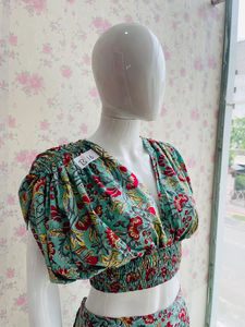 Conjunto bohemio de algodón con estampado de bloques a mano para mujer, Top corto, pantalón acampanado - Product Image 4