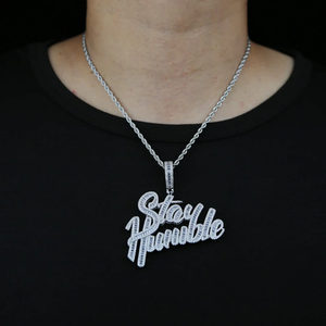 Mens Hip Hop Silver CZ Zircon Cursive Stay Humble Pendant Necklace <b>Iced</b> <b>Out</b> Script Letter Charm Bling <b>Chain</b> Moissanite Jewelry - Product Image 3