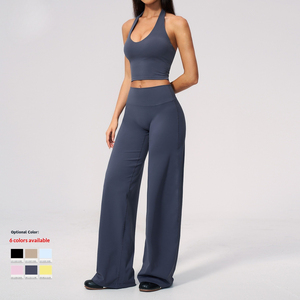 Ensemble de yoga 2 pièces pour femme : haut court dos nu et pantalon taille haute à jambes larges, motif écossais, extensible dans les quatre sens en Spandex/Nylon sans coutures - Product Image 3