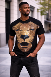 Camiseta Negra Oversize para Hombre, Estilo Veraniego, con Estampado de León con Pedrería, Algodón, Estilo Urbano, Corte Holgado, Logotipo Personalizado, Último Diseño - Product Image 3