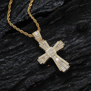 Hip Hop Baguette Cross <b>Necklace</b> Pendant Iced Out 18K Gold Plated Cross Zircon Emerald Cut Diamonds Pendant With Rope <b>Chain</b> - Product Image 3