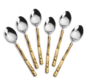 <b>Gold</b> Plated Stainless Steel Tea <b>Spoons</b> With Long Hammered Handles Mirror Finish Modern Design Durable Utensils For Party Use - Product Image 1