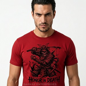 Maroon Mens T Shirt Custom Samurai Skull Graphic Print Streetwear Cotton Tee Vintage Style Mens Clothing Oversized <b>Tshirt</b> Top - Product Image 1