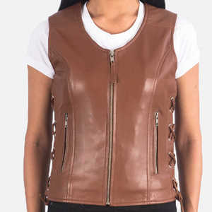 Chaleco de cuero para mujer, marrón, informal, sin mangas, con cuello redondo y cremallera, top de otoño, superventas, a la moda, estilo motero, prenda exterior, abrigo, tops - Product Image 3