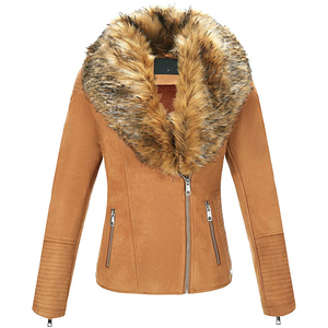 Veste moto en similicuir vert pour femme avec col en fourrure de renard, fermeture éclair, manches longues, style hiver, en cuir de vache véritable pour femme - Product Image 5