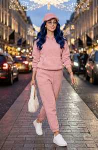 Conjunto Deportivo de Felpa Rosa para Mujer, Sudadera con Capucha y Pantalones Deportivos, Atuendo Informal de Invierno de 2 Piezas - Product Image 5