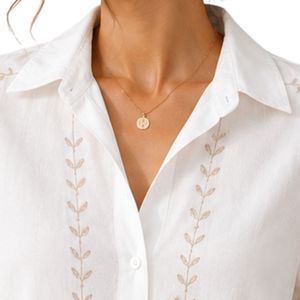 Custom White Embroidered <b>Linen</b> Blend Crop Shirt For Women Short Sleeve Button Up Casual Summer Blouse Custom Logo Private Label - Product Image 3
