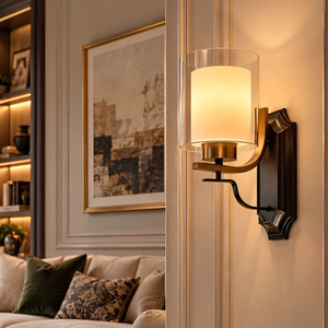 Lámpara de Pared de Vidrio de Doble Capa Luna Modern Classic, Lámpara de Pared con Brazo de Latón y Negro para Espejo de Vanidad - Product Image 1