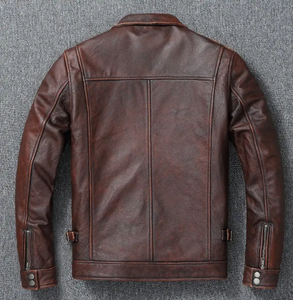 Men's <b>Brown</b> Genuine <b>Leather</b> Moto Biker <b>Jacket</b> Turn-down Collar Zipper Closure Regular Fit Autumn Winter Wear - Product Image 6