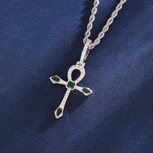 925 Silver Hiphop 18K Gold Plated <b>Ankh</b> Cross Charm <b>Pendant</b> with Moissanite and Green Gemstones Religious Unisex Jewelry - Product Image 2