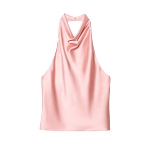 Wholesale Summer Custom Printing LOGO Basic <b>Red</b> Slim Ladies Cotton Ribbed Sleeveless Casual Wear White <b>Silk</b> Halter Tank Top - Product Image 5