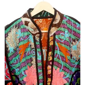 Indian Handmade Vintage Kantha Quilted <b>Jacket</b>-Eco-Friendly Breathable 100% Cotton Boho Hippie Coat Block Print <b>Mandarin</b> <b>Collar</b> - Product Image 2