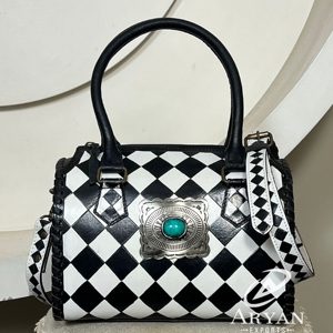 Personalised 2026 Handcrafted Genuine Cowhide <b>Leather</b> speedy Bag with Turquoise Concho Designer Checkered Pattern for Unisex - Product Image 1