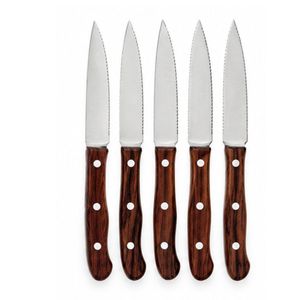 Juego de 5 cuchillos para carne con mango de madera marrón, hojas dentadas plateadas y tres remaches, para mesa de comedor y restaurante - Product Image 5