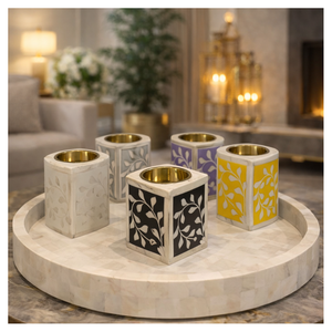 Fabricant indien : Ensemble Bakhoor avec incrustation de nacre, comprenant plateau, boîte et encensoir, et ensemble Bakhoor Mubkara avec incrustation de nacre, brûleur d'oud Medkhan - Product Image 2